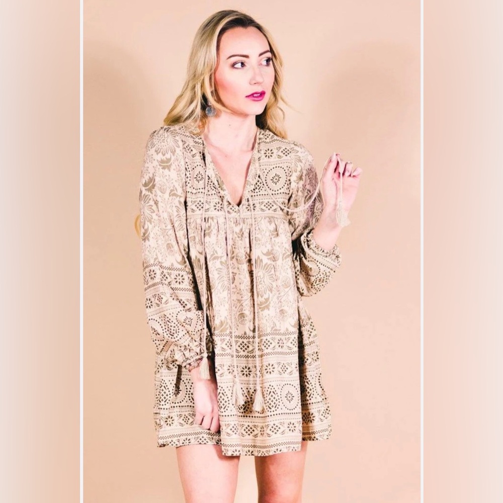 Women's Beige Boho Top - Long Sleeved - V-Neckline with Tassles - Cottagecore